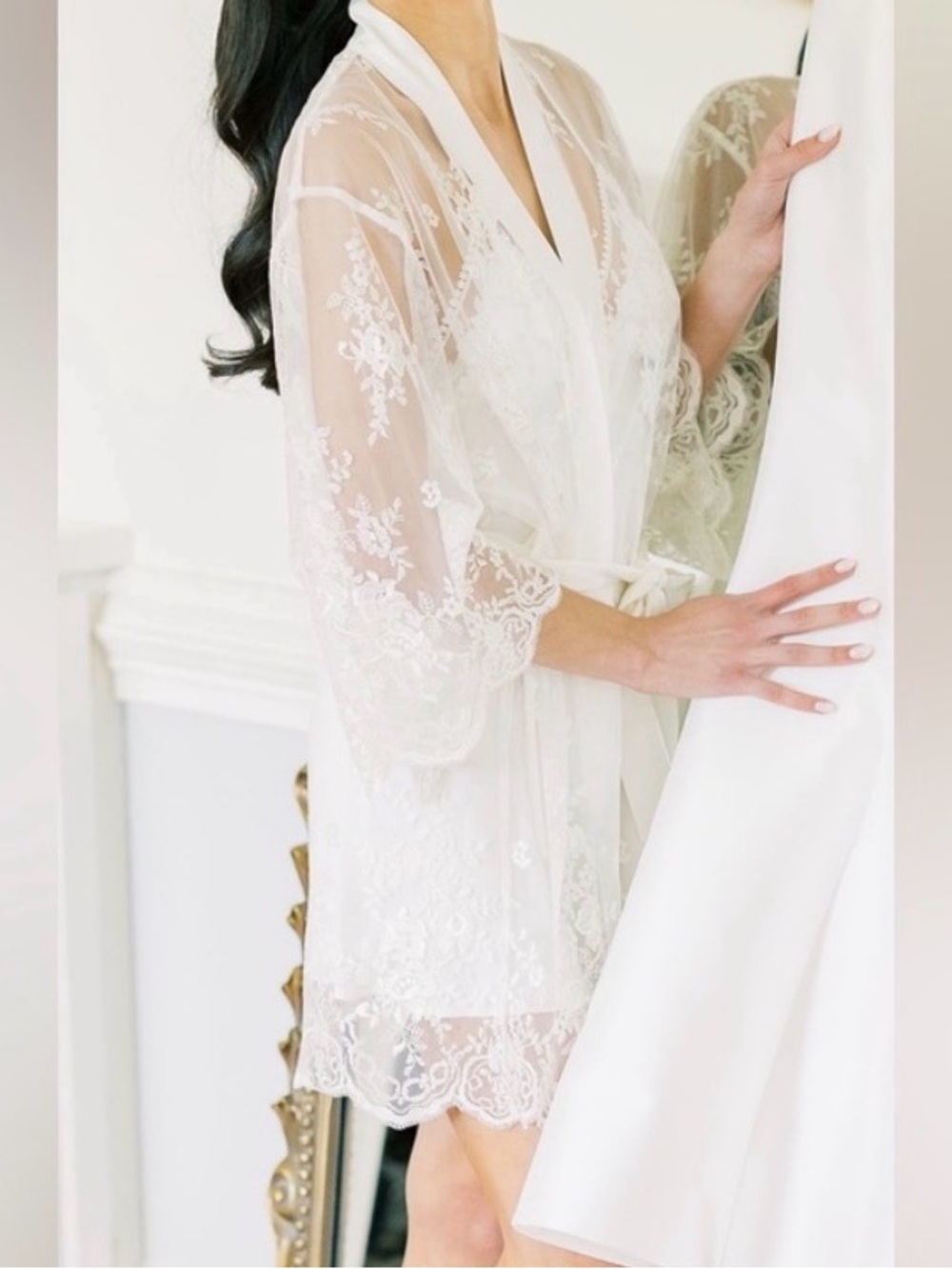 Anthropologie Sheer White Floral Lace Kimono Robe